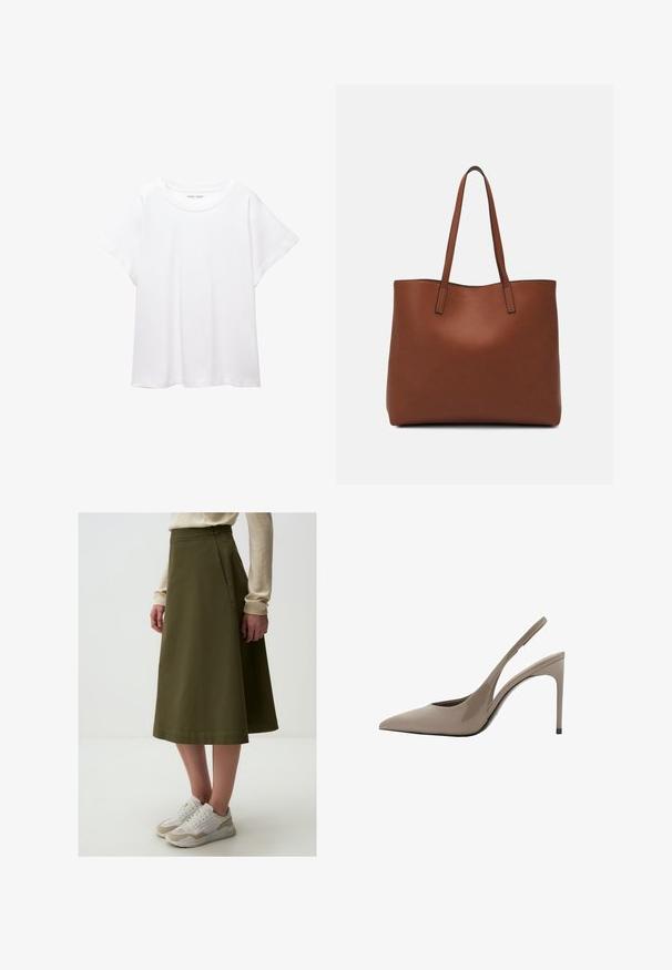 T-shirt blanc en tissu doux et léger. Il présente un col rond et des manches courtes et larges avec une coupe décontractée. Aucun motif visible.; Jupe A-line vert olive à la texture lisse, taille haute et détails de couture, associée à des baskets blanches et beiges.; Talons hauts en cuir verni beige avec une toe pointue et un design épuré, présentant un fin talon haut et un détail découpé sur le côté.; Sac fourre-tout en cuir marron avec une texture lisse, design à ouverture supérieure et deux poignées pour le porter à l'épaule. Présente des coutures minimales et aucun matériel visible.