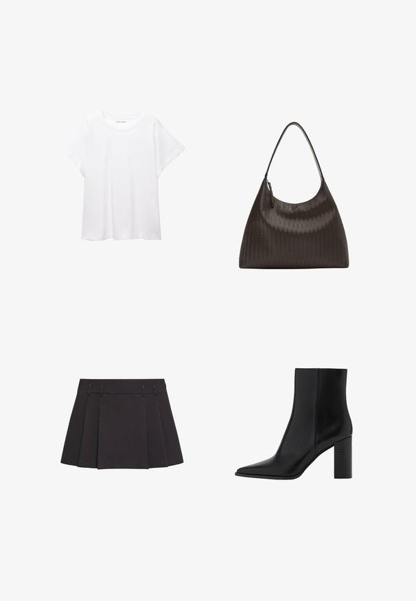 T-shirt bianco realizzato in un tessuto morbido e leggero. Presenta un collo rotondo e maniche corte e larghe con vestibilità morbida. Nessun motivo visibile.; Gonna mini plissettata nera con una texture di tessuto liscia, dotata di una vita e quattro passanti per cintura per una vestibilità regolabile.; Stivale alla caviglia in pelle nera con punta affilata, tacco quadrato, texture liscia e dettagli di cucitura lungo le cuciture. I tacchi misurano circa 3,5 pollici.; Borsa a tracolla in pelle intrecciata marrone scuro con una tracolla curva e larga e una texture liscia. Presenta una chiusura con zip e una forma spaziosa e strutturata.