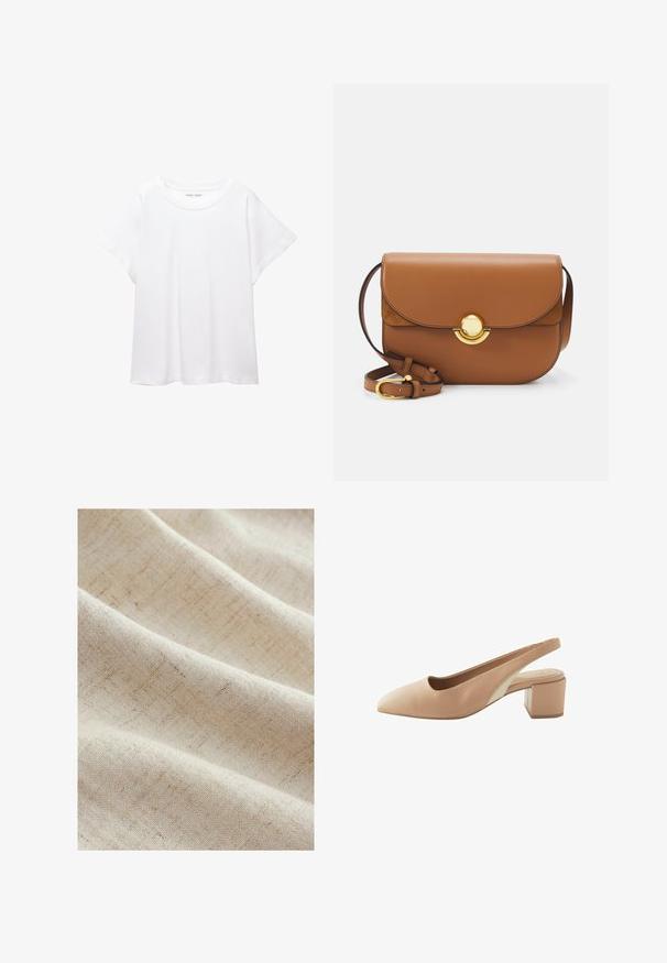 T-shirt bianco realizzato in un tessuto morbido e leggero. Presenta un collo rotondo e maniche corte e larghe con vestibilità morbida. Nessun motivo visibile.; Tessuto beige chiaro caratterizzato da una trama sottile con linee appena percettibili, creando un aspetto morbido e tessuto. Si drappeggia in pieghe morbide.; Punta a punta beige con cinturino, realizzata in pelle liscia. Caratterizzata da un tacco a blocco e un pannello a contrasto sul lato.; Borse a tracolla in pelle marrone con bordi arrotondati, chiusura a pattina magnetica e hardware dorato. Cinghia regolabile per versatilità.