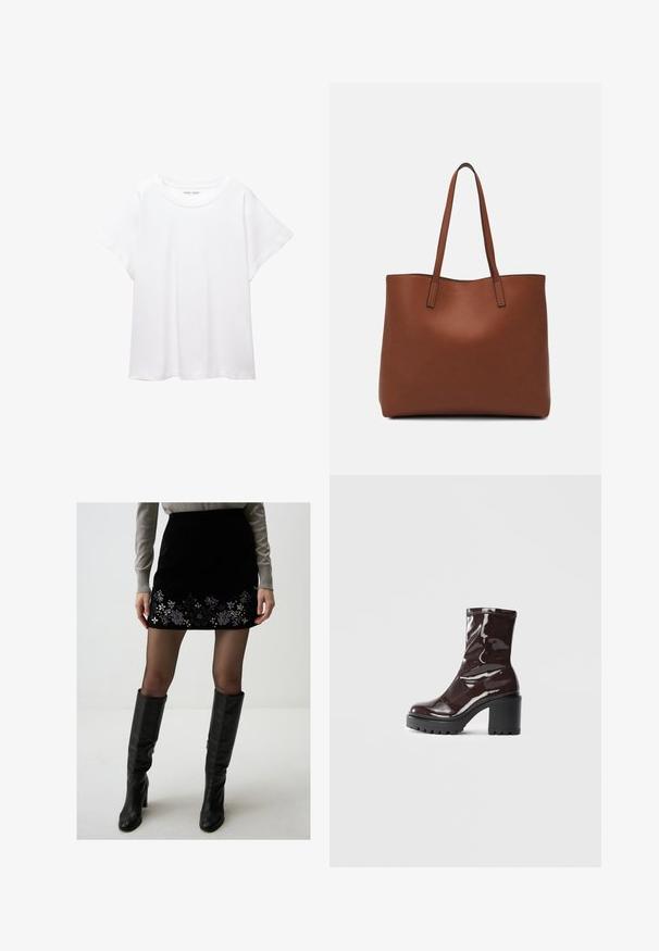 T-shirt blanc en tissu doux et léger. Il présente un col rond et des manches courtes et larges avec une coupe décontractée. Aucun motif visible.; Mini-jupe en velours noir avec broderies florales à l'ourlet, associée à des bottes en cuir noires jusqu'aux genoux et des collants noirs transparents.; Bottines bordeaux brillantes à talon épais noir, avec une texture lisse et un design simple. Aucune fermeture visible ni motifs.; Sac fourre-tout en cuir marron avec une texture lisse, design à ouverture supérieure et deux poignées pour le porter à l'épaule. Présente des coutures minimales et aucun matériel visible.