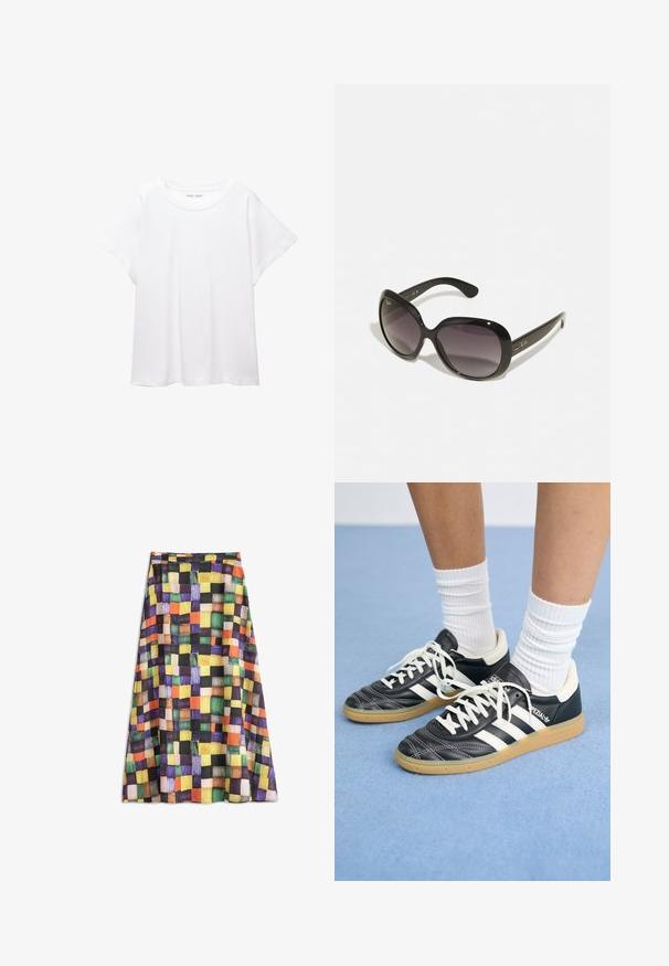 Bílý tričko vyrobené z měkké, lehké tkaniny. Má kulatý výstřih a krátké, široké rukávy s uvolněným střihem. Bez viditelných vzorů.; Barevná midi sukně s kostkovaným vzorem oranžových, žlutých, zelených, fialových, černých a hnědých čtverečků na lehké látce.; Černé kožené tenisky s bílými pruhy, kulatou špičkou, bílými tkaničkami a gumovou podrážkou. Zvýrazněno polstrovaným límcem a detaily s logem.; Černé sluneční brýle s oversize, zaoblenými rámy. Skla s gradientem od tmavé po světlejší. Disponují elegantním, lesklým povrchem a jemnými logovými akcenty na spáncích.