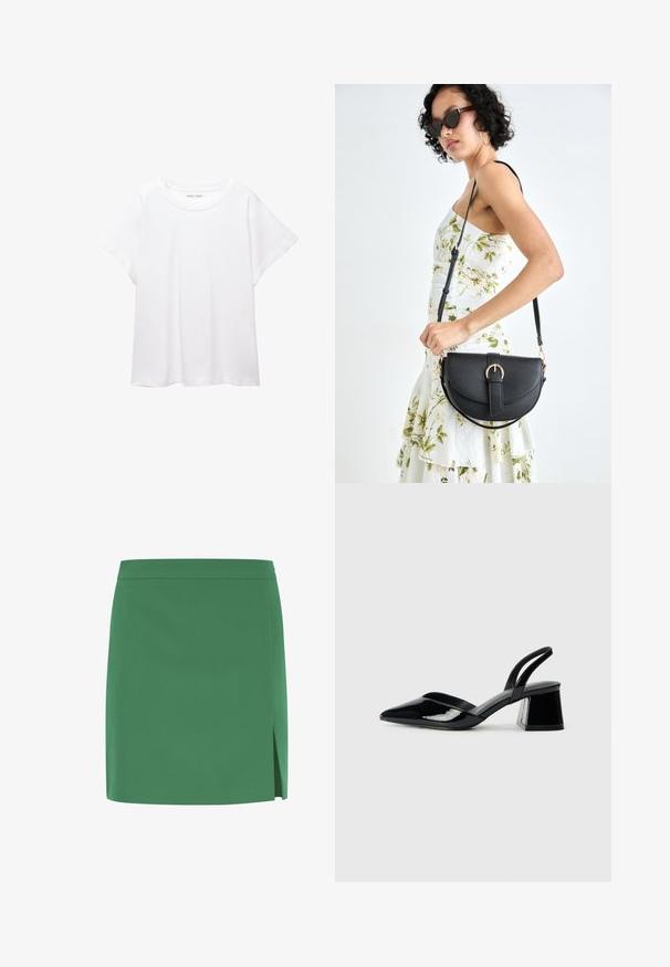 T-shirt bianco realizzato in un tessuto morbido e leggero. Presenta un collo rotondo e maniche corte e larghe con vestibilità morbida. Nessun motivo visibile.; Mini gonna verde con una texture liscia, caratterizzata da un taglio dritto e una fessura laterale per un tocco di dettaglio. Design semplice e privo di ornamenti.; Décolleté in vernice nera con punta affusolata e tacco in geometria cubica. Presentano un design elegante e minimalista, con una texture liscia.; Borsa a tracolla nera in pelle con una forma curva, manico rimovibile e accessori dorati. La borsa presenta una patta con un dettaglio a fibbia.