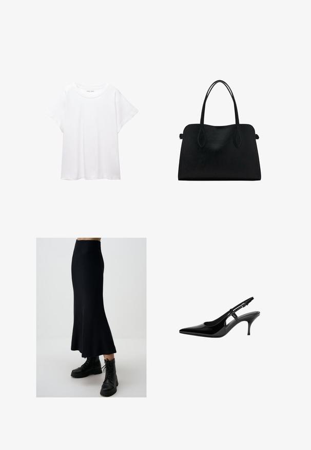T-shirt bianco realizzato in un tessuto morbido e leggero. Presenta un collo rotondo e maniche corte e larghe con vestibilità morbida. Nessun motivo visibile.; Gonna midi nera in maglia con bordi svasati e texture a coste, abbinata a stivali combat neri con lacci. Silhouette elegante, senza motivi visibili.; Pumps slingback in vernice nera con punta affusolata, ritagli laterali aperti, tacco sottile e cinturino alla caviglia regolabile.; Borsa a mano in pelle nera con doppio manico, forma rettangolare e design minimalista su sfondo bianco.