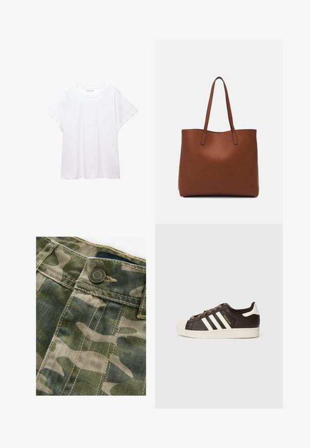T-shirt blanc en tissu doux et léger. Il présente un col rond et des manches courtes et larges avec une coupe décontractée. Aucun motif visible.; Tissu à motif camouflage dans des nuances de vert et de beige avec des coutures visibles. Doté d'un bouton en métal à la taille, texture denim.; Baskets basses Adidas Superstar en cuir marron foncé avec embout coquille crème, bandes blanches et texte "Superstar" sur le côté.; Sac fourre-tout en cuir marron avec une texture lisse, design à ouverture supérieure et deux poignées pour le porter à l'épaule. Présente des coutures minimales et aucun matériel visible.