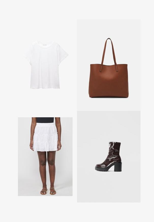 Tricou alb dintr-un material moale și ușor. Prezintă un decolteu rotund și mâneci scurte, largi, cu un croi lejer. Fără modele vizibile.; Fustă mini albă, cu volane, având broderie cu ochiuri și o talie elastică. Purtați-o cu sandale plate cu curele.; Botine lucioase burgundy, cu toc gros negru, având o textură netedă și un design simplu. Fără închideri sau modele vizibile.; Geantă de umăr din piele maro cu o textură netedă, design cu vârf deschis și două curele pentru umăr. Prezintă cusături minime și fără componente metalice vizibile.