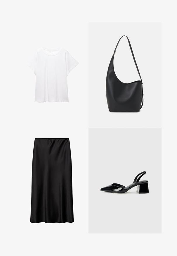 T-shirt blanc en tissu doux et léger. Il présente un col rond et des manches courtes et larges avec une coupe décontractée. Aucun motif visible.; Jupe en satin noir avec une texture lisse et brillante, présentant une coupe simple et droite ainsi qu'une taille élastique pour un ajustement sécurisé.; Escarpins en cuir verni noir avec bout pointu et talon bloc géométrique. Présente un design élégant et minimaliste ainsi qu'une texture lisse.; Sac hobo en cuir noir avec une texture lisse, une forme incurvée et une seule sangle réglable ; dispose d'une large ouverture en haut.