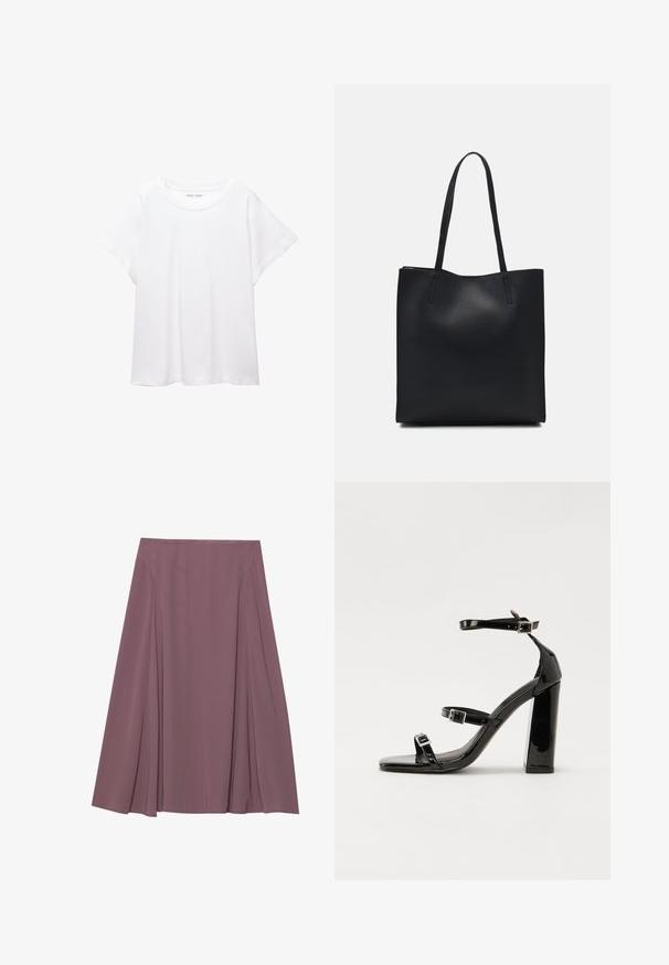 Bílý tričko vyrobené z měkké, lehké tkaniny. Má kulatý výstřih a krátké, široké rukávy s uvolněným střihem. Bez viditelných vzorů.; Sukně ke kolenům v tlumené barvě mauve, vyrobená z lehké tkaniny s plisovaným designem a hladkou strukturou. Bez viditelných zapínání.; Černé lakované sandály na podpatku se čtveratou špičkou, lýtkovými pásky a stříbrnými přezkami. Disponují masivním blokovým podpatkem pro stabilitu.; Černá kožená taška přes rameno s hladkým povrchem, obdélníkovým tvarem a dvěma dlouhými uchy. Žádné viditelné kování ani ozdoby.