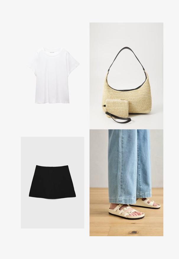 Biała koszulka wykonana z miękkiej, lekkiej tkaniny. Posiada okrągły dekolt oraz krótkie, szerokie rękawy, zapewniające luźny krój. Brak widocznych wzorów.; Czarna mini spódnica o gładkiej fakturze, w kształcie litery A, z zaokrąglonym dołem. Posiada zamek błyskawiczny z tyłu do zapinania, bez dodatkowych wzorów ani akcentów.; Jasne kremowe sandały z trzema regulowanymi paskami, złotymi klamrami i teksturowaną czarną podeszwą, zestawione z jasnoniebieskimi dżinsowymi szerokimi spodniami.; Woven straw handbag o zaokrąglonym kształcie, z gładkim czarnym skórzanym paskiem oraz dopasowaną małą sakiewką przypiętą na pasku na nadgarstek.