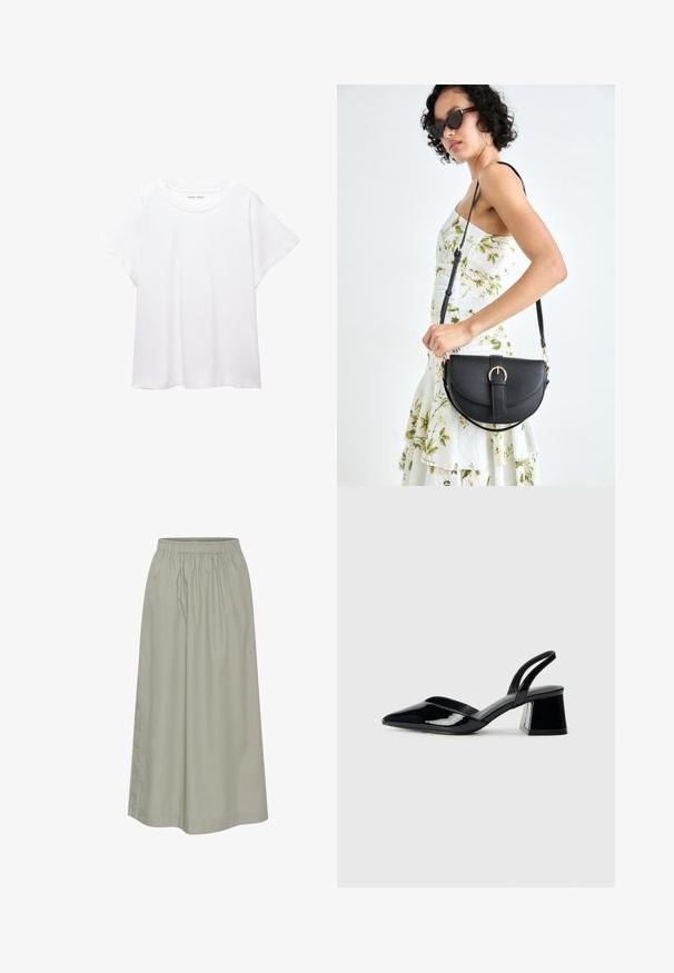 Bijela majica od mekane, lagane tkanine. Ima okrugli izrez i kratke, široke rukave s ležernim krojem. Bez vidljivih uzoraka.; Svijetlozelena suknja do koljena, izrađena od mekog materijala s elastičnom potkošuljom, koja se ističe naboranim dizajnom i diskretnim detaljima šivanja.; Crne lakirane kožne sandale s otvorenom petom i špicastim vrhom, s geometrijskom blok petom. Imaju elegantan, minimalistički dizajn i glatku teksturu.; Crna kožna torba s lukovitim oblikom, odvojivim remenom i zlatnim detaljima. Torba ima preklop s kopčom.