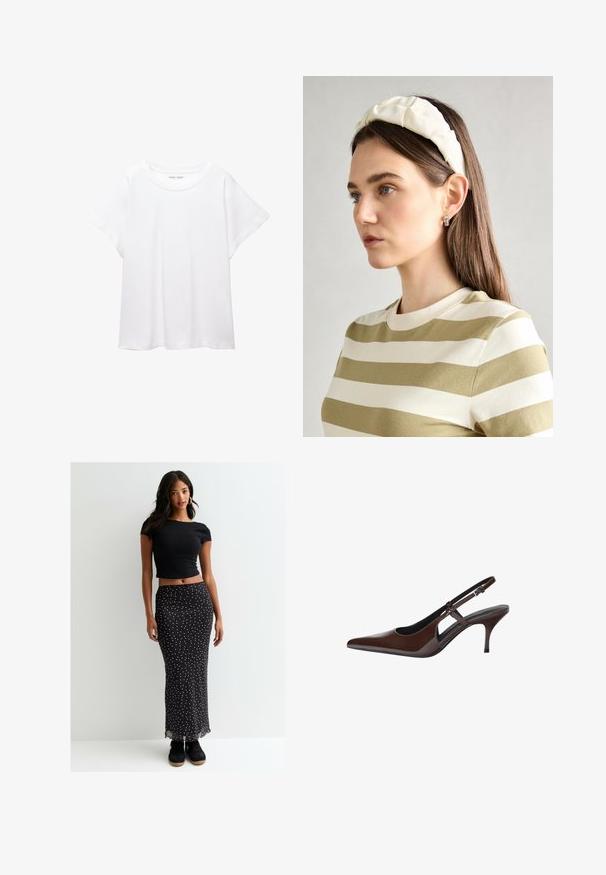 T-shirt bianco realizzato in un tessuto morbido e leggero. Presenta un collo rotondo e maniche corte e larghe con vestibilità morbida. Nessun motivo visibile.; New Look SPOT MIDI - Gonna lunga - black pattern; Pompa slingback in pelle lucida marrone con punta affusolata, tagli aperti e tacco sottile. Presenta una fascetta con fibbia regolabile.; Fascia per capelli imbottita di colore crema con design intrecciato, abbinata a una camicia a righe beige e bianche con scollatura rotonda. Accenti di gioielli delicati.