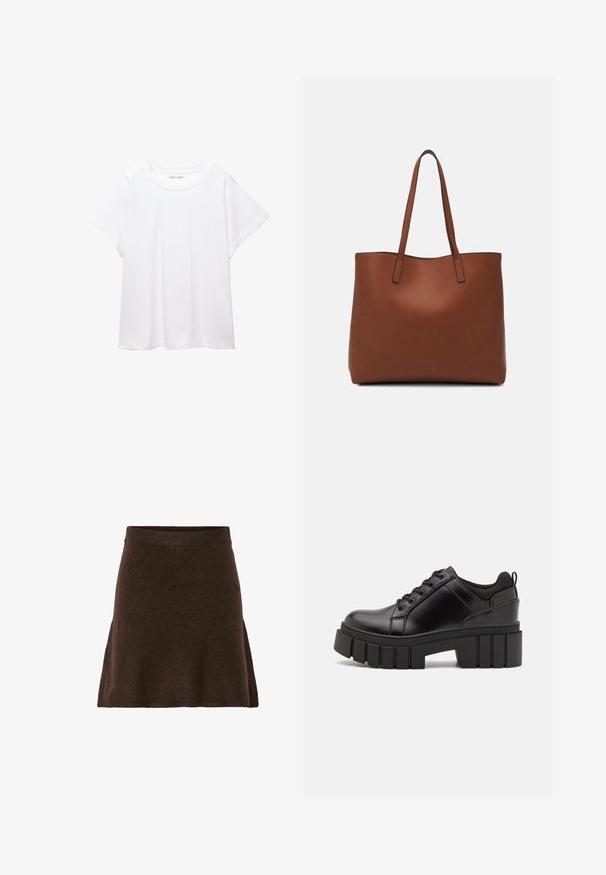 Bijela majica od mekane, lagane tkanine. Ima okrugli izrez i kratke, široke rukave s ležernim krojem. Bez vidljivih uzoraka.; Smeđi pleteni suknja s lepezastim oblikom, koja ima široku elastičnu waistband i mekanu teksturu. Bez vidljivih uzoraka ili hardverskih detalja.; Crne kožne platforme s debelim blok-peta, okruglim prstima i klasičnim dizajnom vezanja. Imaju gladak tekstur i minimalne detalje.; Smeđa kožna torba preko ramena s glatkom teksturom, otvorenim vrhom i dvjema naramenicama. Ima minimalne šavove i nema vidljivog hardvera.