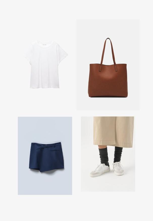 T-shirt blanc en tissu doux et léger. Il présente un col rond et des manches courtes et larges avec une coupe décontractée. Aucun motif visible.; Shorts bleu marine avec un devant plat, des poches latérales et une poche arrière. Tissu lisse avec une apparence soignée et des accents cousus.; Baskets blanches et grises avec un accent noir au talon, dotées d'un dessus en cuir lisse et d'un bout en suède texturé. Portées avec des chaussettes slouchy gris foncé.; Sac fourre-tout en cuir marron avec une texture lisse, design à ouverture supérieure et deux poignées pour le porter à l'épaule. Présente des coutures minimales et aucun matériel visible.