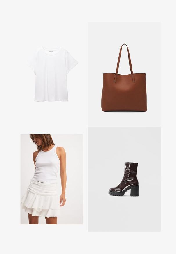 Biele tričko vyrobené z mäkkého, ľahkého materiálu. Má okrúhly výstrih a krátke, široké rukávy s uvoľneným strihom. Bez viditeľných vzorov.; Biely pruhovaný top bez rukávov v kombinácii s vrstvenou bielou sukňou s volánmi. Sukňa má na páse naťahovaný dizajn.; Lesklé burgundské kotníkové boty s robustním černým podpatkem, s hladkou strukturou a jednoduchým designem. Bez viditelných zapínání nebo vzorů.; Hnedá kožená taška na rameno s hladkou textúrou, otvoreným vrchom a dvoma ramenými popruhmi. Má minimálne šitia a žiadne viditeľné kovania.