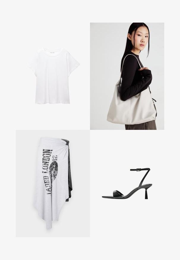 Witte T-shirt van zacht, lichtgewicht stof. Heeft een ronde halslijn en korte, brede mouwen met een ontspannen pasvorm. Geen zichtbare patronen.; Jaded London WRAP SKIRT - Wikkelrok - multi coloured; Bershka Sandalen met hoge hak - black; Beige handtas gemaakt van zacht materiaal, met een slonzig ontwerp, gestikte details en twee schouderbanden. Geschikt voor dagelijks gebruik.