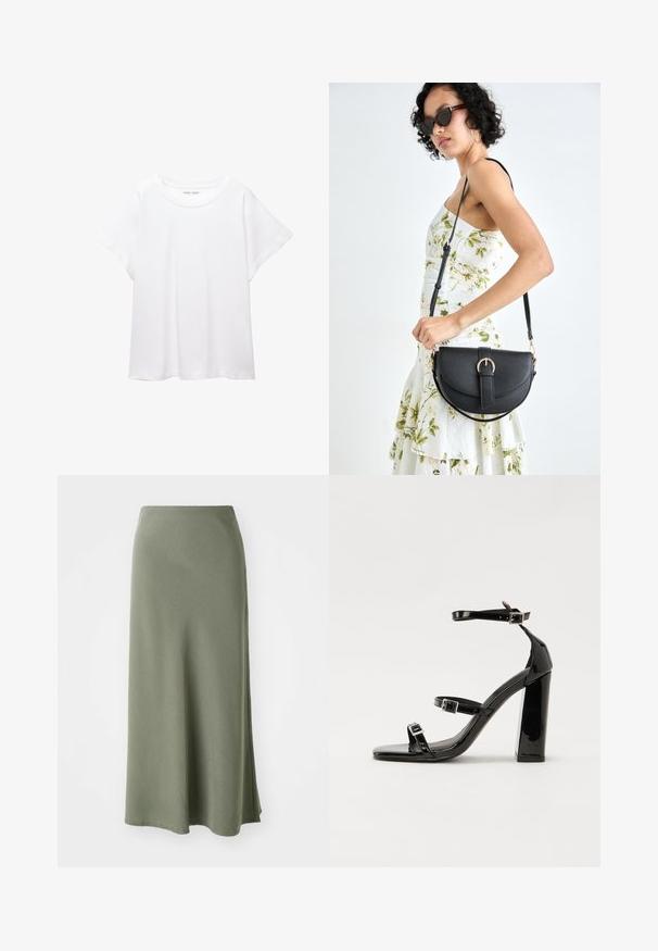 Bijela majica od mekane, lagane tkanine. Ima okrugli izrez i kratke, široke rukave s ležernim krojem. Bez vidljivih uzoraka.; Maslinasto zelena suknja do koljena napravljena od mekog materijala s glatkom teksturom i lepršavim krojem, s bočnim prorezom za lakše kretanje.; Crne lakirane sandale na pete sa kvadratnim nosom, trakama oko gležnja i srebrnim kopčama. Imaju čvrst blok petu za stabilnost.; Crna kožna torba s lukovitim oblikom, odvojivim remenom i zlatnim detaljima. Torba ima preklop s kopčom.