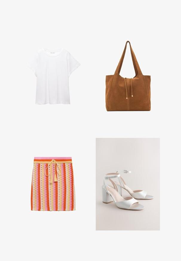 Vit t-shirt som är gjord av mjukt, lätt tyg. Har en rund halsringning och korta, vida ärmar med en avslappnad passform. Inga synliga mönster.; Stickad kjol med randiga mönster i orange, rosa, kräm och gult, med dragsko i midjan och dekorativa fransar.; Vita öppna sandaler med klack, remmar runt ankeln och silverspännen på en neutralt beige bakgrund.; Brun mockaläders toteväska med två långa remmar, dragsko-stängning och minimalistisk design. Slät textur och inga synliga metallaccenter.