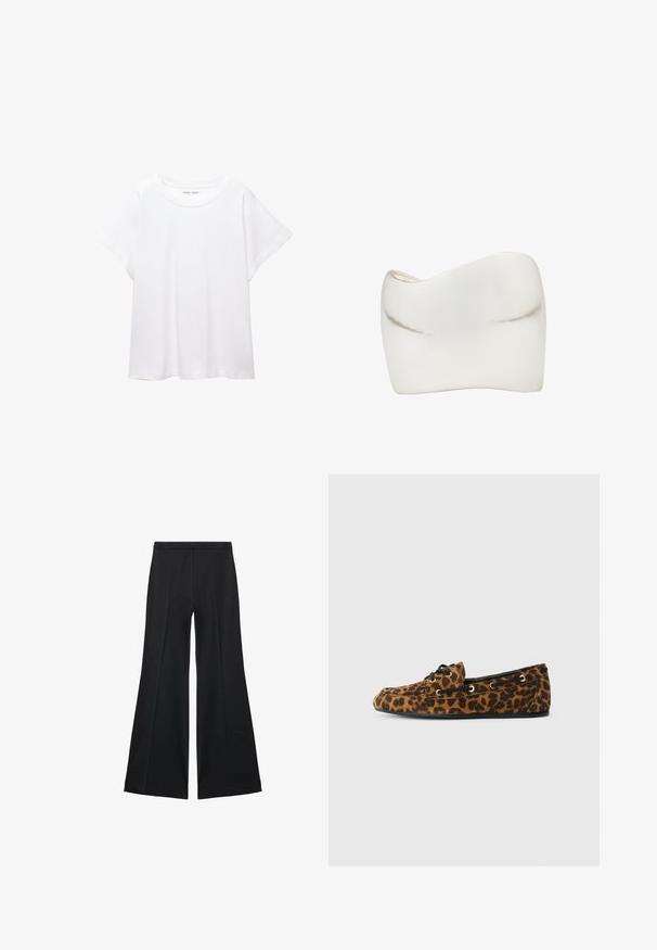 Hvid T-shirt lavet af blødt, let stof. Har en rund halsudskæring og korte, brede ærmer med en afslappet pasform. Ingen synlige mønstre.; Sorte brede bukser med en glat tekstur, der har fremadrettede folder og en skræddersyet design. Stofferne er lette og flerdimensionelle.; Leopardmønstret loafers med en blød tekstur, rund form, sorte snørebånd og gyldne øjer, med en flad gummisål.; Sølvfarvet buet beholder med en glat, reflekterende overflade og organisk form, præget af bløde, flydende kanter og uden synlig hardware.