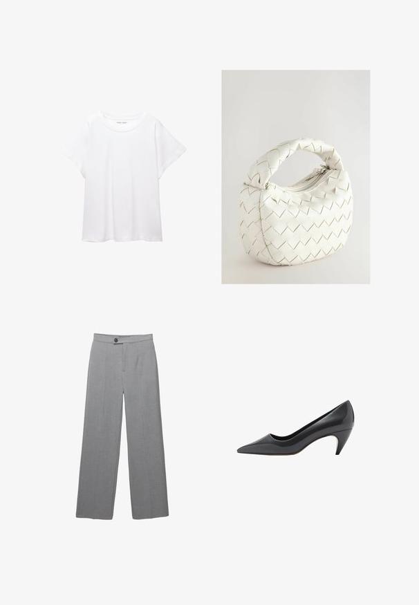 Bela majica s kratkimi rukavi, izdelana iz mehkega in lahkega blaga. Ima okroglo ovratnico ter kratke, široke rokave z udobnim krojem. Brez vidnih vzorcev.; Sive krojene hlače s širokimi nogavicami, ravnim sprednjim delom in subtilno teksturo. Imajo en gumb za zapiranje in čiste linije.; Črni lakirani čevlji z visokimi petami, z nazobčenim nosom in taperiranim, srednje visokim peto. Gladka tekstura in minimalni oblikovni elementi.; Bela pletena torba z zaobljenim ročajem, ki ima zadrgo in oblazinjeno teksturo. Gladek površinski zaključek in geometrijski vzorec.