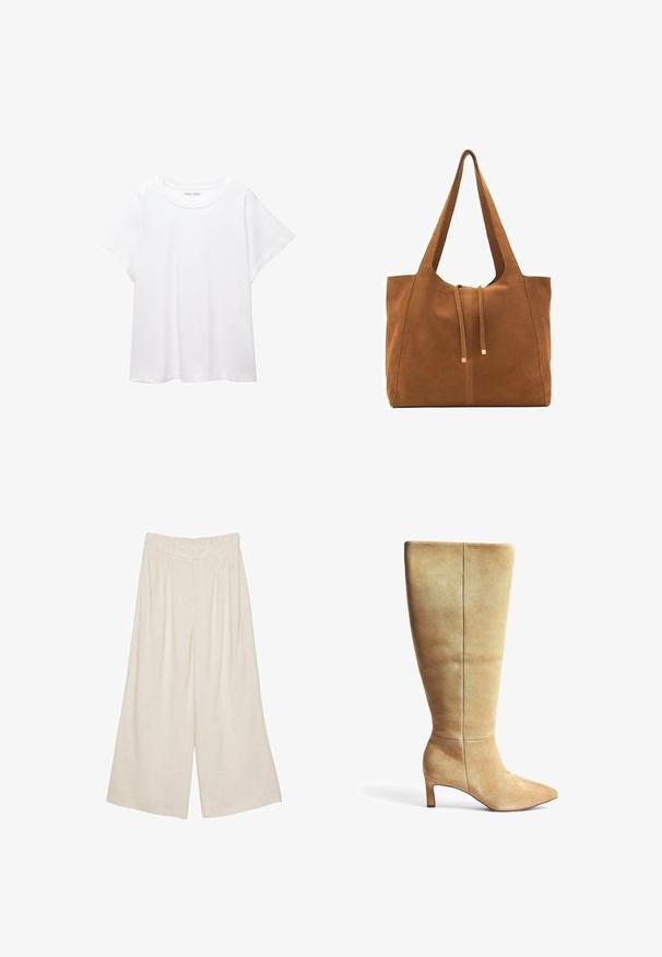 Biała koszulka wykonana z miękkiej, lekkiej tkaniny. Posiada okrągły dekolt oraz krótkie, szerokie rękawy, zapewniające luźny krój. Brak widocznych wzorów.; Lnianowe spodnie o szerokich nogawkach w jasnym beżowym kolorze z plisowanym wzorem i elastycznym pasem dla komfortu i swobody noszenia.; Beżowe zamszowe kozaki do kolan z ostrym noskiem i słupkowym obcasem. Gładka tekstura, minimalistyczny design oraz pionowe przeszycia na cholewie.; Brązowa torba tote z zamszu z dwoma długimi paskami, zamknięciem na sznurek i minimalistycznym wzornictwem. Gładka tekstura i brak widocznych akcentów metalowych.