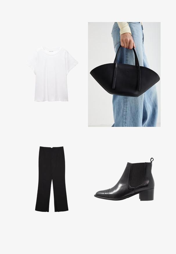 Bijela majica od mekane, lagane tkanine. Ima okrugli izrez i kratke, široke rukave s ležernim krojem. Bez vidljivih uzoraka.; Crne hlače ravnog kroja, s prednjim džepovima i bočnim prorezima na rubu. Izrađene od mekog i glatkog materijala. Pogodne za razne prigode.; Crne kožne gležnjače s elastičnim bočnim panelima, okruglim vrhom i teksturiranim blokom pete. Imaju petlju za povlačenje straga za jednostavno obuvanje.; Crna kožna torba jedinstvenog oblika ventilatora, s ravnim ručkama. Površina ima teksturu sličnu šljunku i minimalistički dizajn.