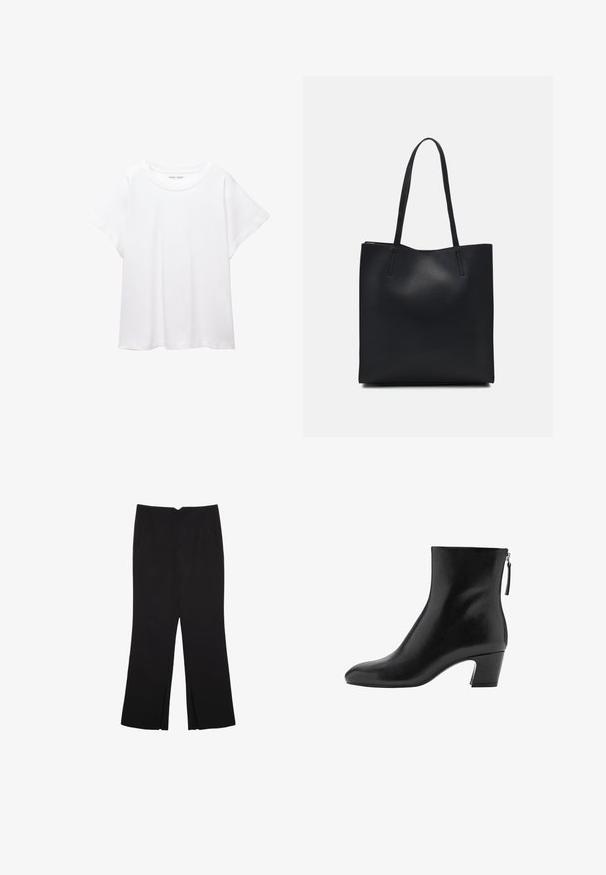 Vit t-shirt som är gjord av mjukt, lätt tyg. Har en rund halsringning och korta, vida ärmar med en avslappnad passform. Inga synliga mönster.; Svarta byxor med rak passform, utrustade med framfickor och sidoklyvningar vid fållen. Tillverkade av mjukt, slätt tyg. Lämpliga för olika tillfällen.; Svart ankelboot i slät läder, med spetsig tå, medelhög blockklack och en sidogömda dragkedja med en tofs.; Svart lädertoffelväska med slät textur, rektangulär form och två långa handtag. Ingen synlig hårdvara eller dekorationer.