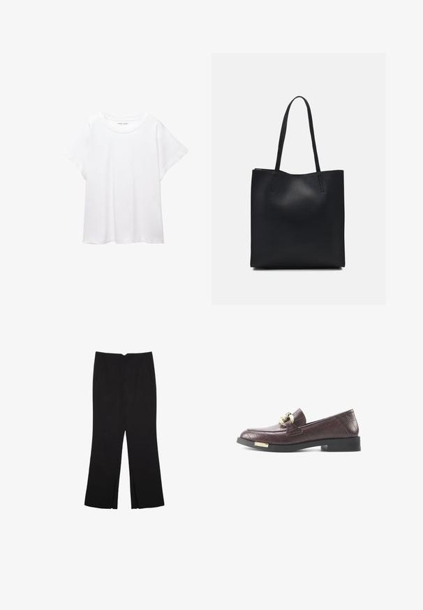 Hvid T-shirt lavet af blødt, let stof. Har en rund halsudskæring og korte, brede ærmer med en afslappet pasform. Ingen synlige mønstre.; Sorte bukser med lige pasform, der har frontlommer og slidser i kanten. Lavet af blødt, glat stof. Velegnet til forskellige anledninger.; Burgunderfarvede læder loafers med et struktureret krokodilleskinds mønster, med en guldfarvet hardwaredetalje og en lav, sort blokhæl.; Sort læder tote taske med glat tekstur, rektangulær form og to lange hanke. Ingen synlig hardware eller udsmykninger.