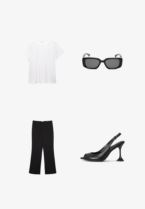 Bijela majica od mekane, lagane tkanine. Ima okrugli izrez i kratke, široke rukave s ležernim krojem. Bez vidljivih uzoraka.; Crne hlače ravnog kroja, s prednjim džepovima i bočnim prorezima na rubu. Izrađene od mekog i glatkog materijala. Pogodne za razne prigode.; Crne kožne sandale s otvorenim prstima, uski vrh, uska potpetica koja se širi i kvadratna baza. Teksturirana površina i detalj s kopčom.; Crne pravokutne sunčane naočale s tamnim lećama, glatkim plastičnim okvirom i zakrivljenim državama. Dizajn je masivan s minimalističkom estetikom.