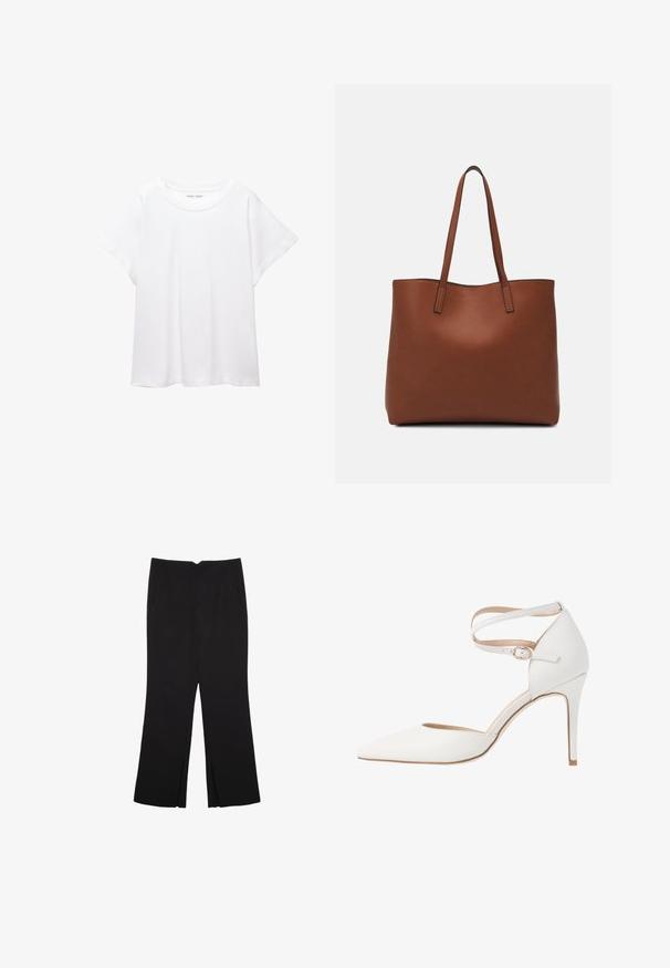 T-shirt bianco realizzato in un tessuto morbido e leggero. Presenta un collo rotondo e maniche corte e larghe con vestibilità morbida. Nessun motivo visibile.; Pantaloni neri a gamba dritta, con tasche frontali e spacchi laterali all'orlo. Realizzati in tessuto morbido e liscio. Adatti a diverse occasioni.; Scarpa con tacco alto bianca, alla punta affusolata, con cinturino alla caviglia e finitura in pelle testurizzata. Presenta un design elegante e un sottile tacco a stiletto.; Borsa tote in pelle marrone con texture liscia, design con apertura superiore e due spallacci. Presenta cuciture minime e nessun hardware visibile.