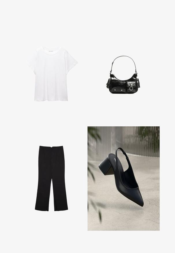 Biała koszulka wykonana z miękkiej, lekkiej tkaniny. Posiada okrągły dekolt oraz krótkie, szerokie rękawy, zapewniające luźny krój. Brak widocznych wzorów.; Czarne spodnie o prostym kroju, z przednimi kieszeniami i bocznymi rozcięciami na dole. Wykonane z miękkiego, gładkiego materiału. Odpowiednie na różne okazje.; Czarne skórzane sandały na obcasie z cholewką typu slingback, z ostrym noskiem i blokowym obcasem. Gładka faktura, minimalistyczny design oraz regulowany pasek na kostkę.; Czarna torebka z lakierowanej skóry o zaokrąglonym kształcie, z jednym paskiem na ramię, przednimi kieszeniami i akcentami w kolorze srebrnym.