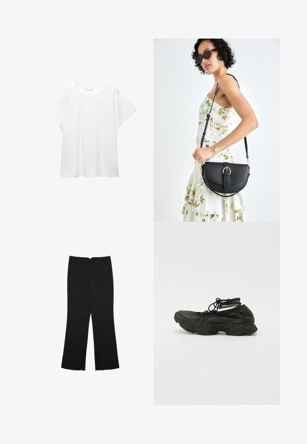 Weißes T-Shirt aus weichem, leichtem Stoff. Mit runder Halslinie und kurzen, weit geschnittenen Ärmeln für einen lässigen Sitz. Keine sichtbaren Muster.; Schwarze Hose mit geradem Schnitt, ausgestattet mit Fronttaschen und Seitenschlitzen am Saum. Hergestellt aus weichem, glattem Stoff. Geeignet für verschiedene Anlässe.; Schwarzer Sportschuh mit einem strukturierten Lederoberteil, runder Zehenpartie und dickem Absatz. Schnürsenkel sind mit Schlaufen am Knöchel befestigt für eine enge Passform.; Schwarze Lederhandtasche mit geschwungener Form, abnehmbarem Tragegurt und goldenen Beschlägen. Die Tasche verfügt über einen Deckel mit einer Schnallen-Details.