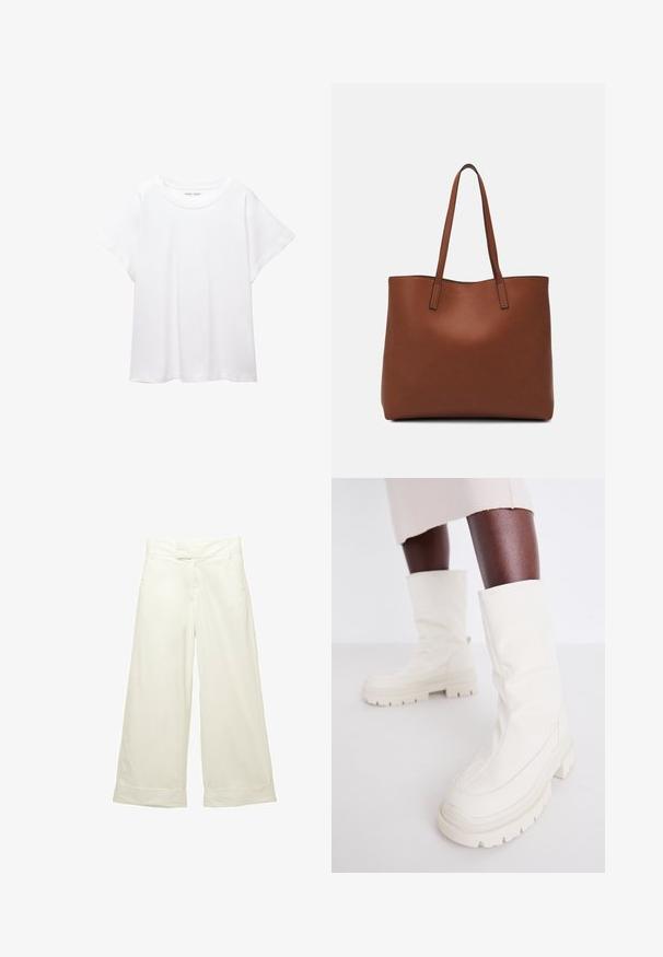 Valkoinen T-paita, joka on valmistettu pehmeästä ja kevyestä kankaasta. Omistaa pyöreän kaula-aukon ja lyhyet, leveät hihat rentoa istuvuutta varten. Ei näkyviä kuvioita.; Vaihdehousut pehmeästä, kermanvärisestä kankaasta. Ominaisuuksia litteä etupään vyötärö ja käänteet. Suora rakenne puhtaalla, minimalistisella designilla.; Valkoiset nilkkabotit, joissa on pehmeä, teksturoitu pinta, chunky kumi-pohja ja muotoiltu muoto modernia designia varten.; Ruskea nahkainen olkalaukku, jossa on sileä pinta, avoin yläosa ja kaksi olkahihnaa. Omaavat vain minimaalisen ompelun eikä näkyvää metalliosaa.