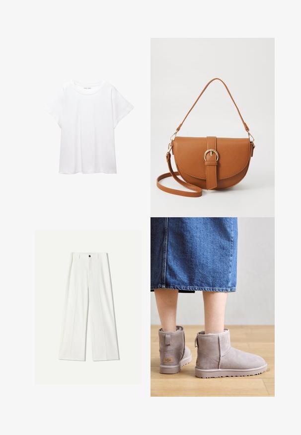 Vit t-shirt som är gjord av mjukt, lätt tyg. Har en rund halsringning och korta, vida ärmar med en avslappnad passform. Inga synliga mönster.; Vita vida byxor i mjukt material, med en knappstängning fram och veckade detaljer. Platt framsidan, inga synliga fickor.; Grå mocka ankelstövlar med en mjuk foder, platt sula och en liten klack. Har en bakre ögla och en märkesetikett på sidan.; Brun läder crossbody-väska med en böjd form, gyllene detaljer och en spänneaccent. Har en avtagbar axelrem.; Tre hårklämmor: en svart-vit marmorerad, två sköldpaddsmönstrade i bruna och svarta nyanser, alla gjorda av glänsande plast med en texturerad yta.