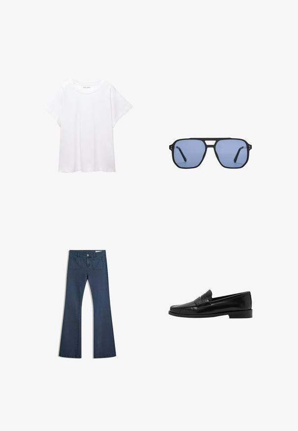 Hvid T-shirt lavet af blødt, let stof. Har en rund halsudskæring og korte, brede ærmer med en afslappet pasform. Ingen synlige mønstre.; Mørkeblå, udvidede denimjeans med syede lommer, knaplukning og en glat tekstur. Har et klassisk fem-lommemønster.; Mango Loafers - black; Stradivarius RETRO - Solbriller - light blue