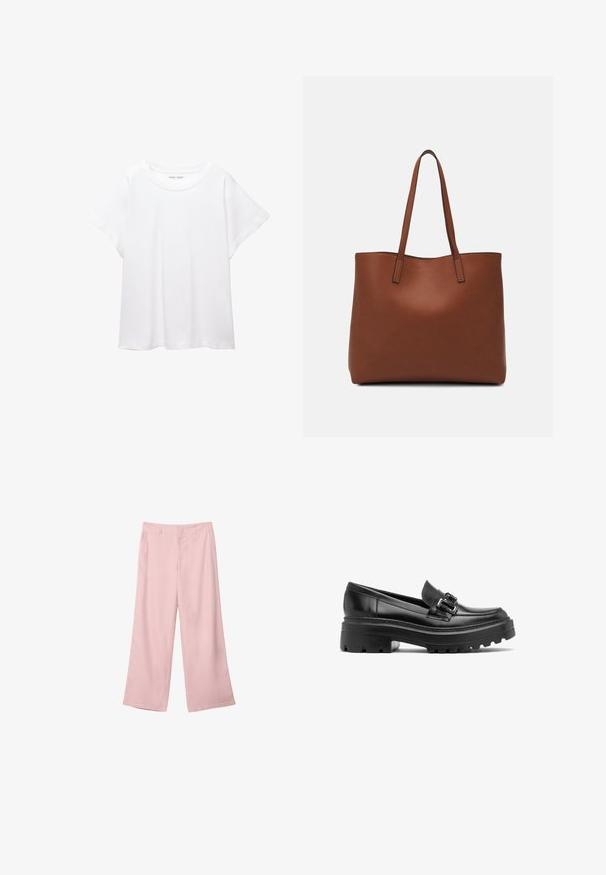Biała koszulka wykonana z miękkiej, lekkiej tkaniny. Posiada okrągły dekolt oraz krótkie, szerokie rękawy, zapewniające luźny krój. Brak widocznych wzorów.; Jasnoróżowe spodnie szerokie z gładkiego materiału. Posiadają wyraźny pas i proste, swobodnie opadające nogawki, bez widocznych wzorów czy dodatkowych elementów.; Czarne skórzane mokasyny z masywną podeszwą, posiadające dwa dekoracyjne klamry na wierzchu oraz widoczne szwy wzdłuż krawędzi.; Brązowa skórzana torba tote o gładkiej fakturze, z otwartym wierzchem i dwoma ramiączkami. Charakteryzuje się minimalnym przeszyciem i brakiem widocznych elementów metalowych.