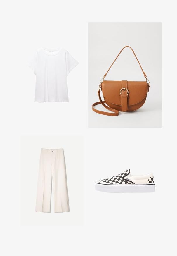 Witte T-shirt van zacht, lichtgewicht stof. Heeft een ronde halslijn en korte, brede mouwen met een ontspannen pasvorm. Geen zichtbare patronen.; Crème brede broek met een tailored ontwerp, voorzien van twee voorzakken en een enkele sluiting met een knop aan de voorkant, gemaakt van een gladde stof.; Zwart-wit geblokte slip-on Vans schoenen met een canvas bovenwerk, rubberen buitenzool en gewatteerde kraag. Vlakke, ronde neus met witte zoolaccenten.; Bruine leren schoudertas met een gebogen vorm, gouden hardware en een gespaccent. Bevat een afneembare schouderriem.