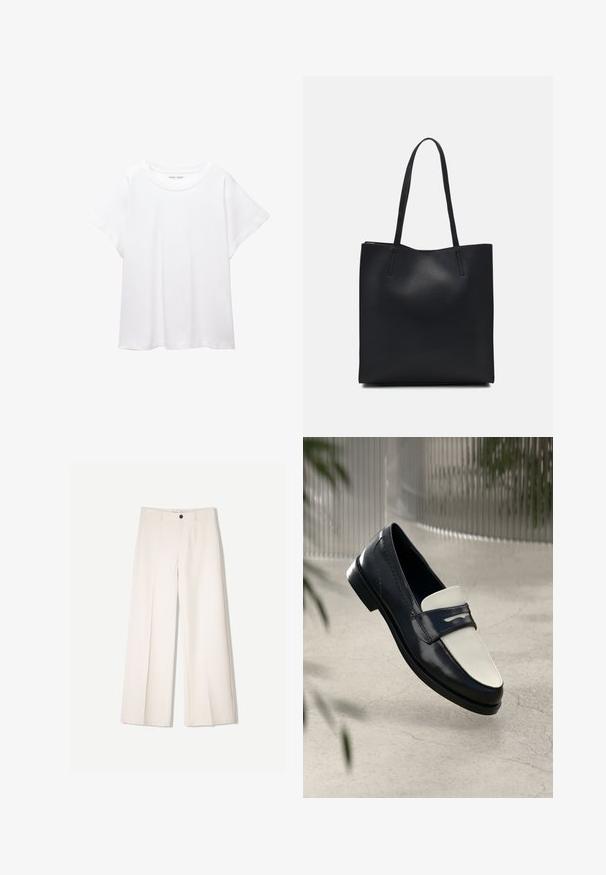Bela majica s kratkimi rukavi, izdelana iz mehkega in lahkega blaga. Ima okroglo ovratnico ter kratke, široke rokave z udobnim krojem. Brez vidnih vzorcev.; Kremne široke hlače s krojem, ki vključujejo dve sprednji žepi in en sprednji gumb za zapiranje, izdelane iz gladkega blaga.; Črno-bela usnjena loafer čevlja z dekorativnim šivom, ki lebdi nad betonskim tlakom s spredaj zamegljenimi rastlinami v ozadju.; Črna usnjena torba s svilnato teksturo, pravokotne oblike in dvema dolgima ročajema. Brez vidnih metalnih delov ali okrasnih elementov.