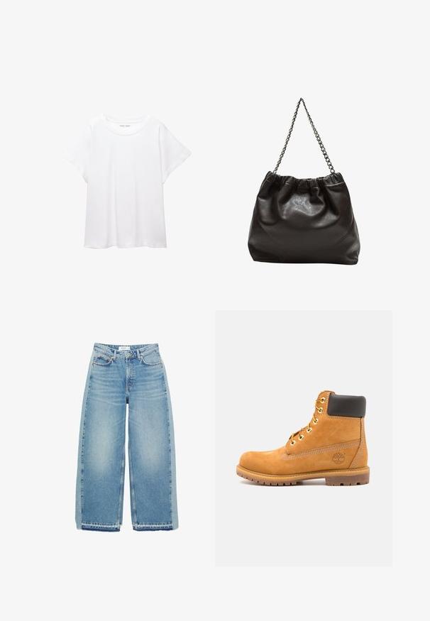 Weißes T-Shirt aus weichem, leichtem Stoff. Mit runder Halslinie und kurzen, weit geschnittenen Ärmeln für einen lässigen Sitz. Keine sichtbaren Muster.; Helleblaue, weit geschnittene Jeans aus Denim, mit hoher Taille, Knopfverschluss, Vordertaschen und rohem Saum.; Braune Leder-Stiefelette mit schwarzer Polsterung, goldenen Ösen und einer strukturierten Sohle. Hat ein kreisförmiges Logo an der Seite und Nähakzente.; Braune Lederhandtasche mit gerafftem Oberteil und Kettenriemen. Glatte Textur mit glänzendem Finish und subtilen Nahtdetails an den Seiten.