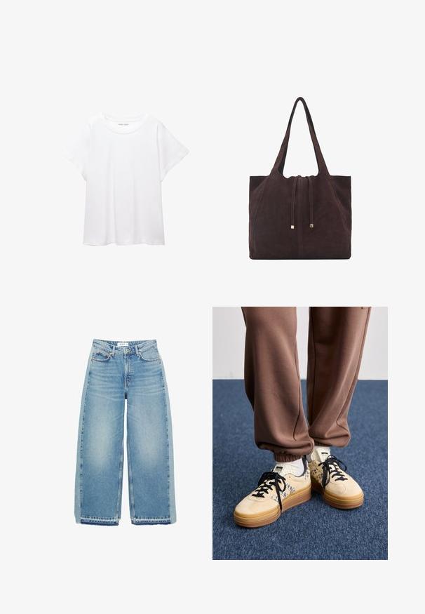 Biele tričko vyrobené z mäkkého, ľahkého materiálu. Má okrúhly výstrih a krátke, široké rukávy s uvoľneným strihom. Bez viditeľných vzorov.; Svetlomodré rifle s širokými nohavicami vyrobené z denimu, s vysokým pásom, gombíkovým zapínaním, prednými vreckami a surovým zakončením.; adidas Originals GAZELLE BOLD - Tenisky - cream white/core black/cream white; Mango Veľká kabelka - dark brown
