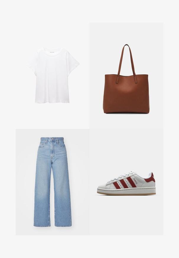 White T-shirt made of soft, lightweight fabric. Features a round neckline and short, wide sleeves with a relaxed fit. No visible patterns.; Light blue high-waist wide-leg jeans with front button and zip closure, front and back pockets, on a white background.; White suede sneaker with three red stripes, round toe, flat sole, and cushioned collar. Features "CAMPUS" text on the side.; Brown leather tote bag with a smooth texture, open top design, and two shoulder straps. Features minimal stitching and no visible hardware.