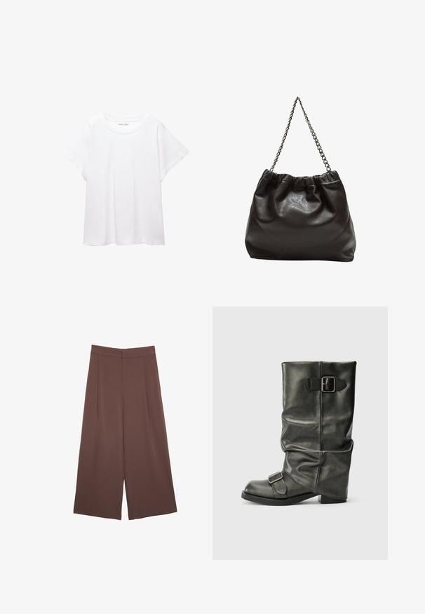 Valkoinen T-paita, joka on valmistettu pehmeästä ja kevyestä kankaasta. Omistaa pyöreän kaula-aukon ja lyhyet, leveät hihat rentoa istuvuutta varten. Ei näkyviä kuvioita.; Ruskeat leveälahkeiset housut, joissa on sileä pinta, korkea vyötärö ja etupleat. Kangas on kevyttä ja laskeutuu väljänä.; Musta tekonahkasaappa, jossa on löysä varsi, paksu korko ja sivuilla kaksi metallista solkea yksityiskohtana.; Ruskea nahkainen laukku, jossa on kerätty yläosa ja ketjuhihna. Tasainen pinta, jossa kiiltävä viimeistely ja hienovaraiset sauman yksityiskohdat sivuilla.