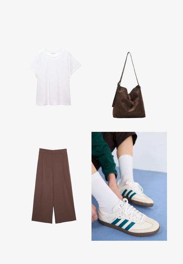Biała koszulka wykonana z miękkiej, lekkiej tkaniny. Posiada okrągły dekolt oraz krótkie, szerokie rękawy, zapewniające luźny krój. Brak widocznych wzorów.; Brązowe spodnie o szerokich nogawkach z gładką fakturą, z wysokim stanem i plisami z przodu. Materiał jest lekki i luźno opada.; Białe buty sportowe z turkusowymi paskami, teksturowana cholewka i brązowe gumowe podeszwy. W połączeniu z białymi skarpetkami z prążkami.; Brązowa zamszowa torba hobo z zaokrąglonym przodem, długim paskiem z akcentami w postaci kropek oraz miękką fakturą. Charakteryzuje się luźnym designem, idealnym do codziennego użytku.
