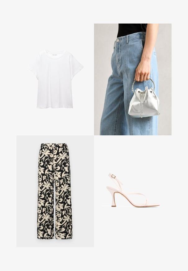 Weißes T-Shirt aus weichem, leichtem Stoff. Mit runder Halslinie und kurzen, weit geschnittenen Ärmeln für einen lässigen Sitz. Keine sichtbaren Muster.; Schwarze weit geschnittene Hose mit einem cremefarbenen Blumenmuster. Hergestellt aus leichtem Stoff, mit einer glatten Textur und einem hohen Bund.; Rosa Riemensandalette mit spitzem Design, quadratischer Zehenpartie und schmalem Absatz. Verfügt über einen verstellbaren Knöchelriemen und eine glatte Textur.; Metallisch silberne Bucket Bag mit strukturiertem Finish, verziert mit einem silbernen runden Griff und Kordelzugverschluss, gehalten vor hellblauen Jeans.