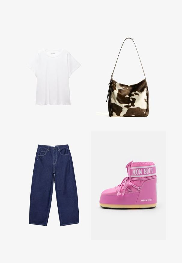 Witte T-shirt van zacht, lichtgewicht stof. Heeft een ronde halslijn en korte, brede mouwen met een ontspannen pasvorm. Geen zichtbare patronen.; Donkerblauwe denim wijde been broek met een hoge taille, vijf zakken en contrasterende witte stiksels. Gladde textuur, klassiek ontwerp.; Moon Boot ICON LOW - Snowboots - pink; Bruine en crèmekleurige koeienhuid schoudertas met een gladde leren band, ritssluiting en een zachte, tekstuursurface met een natuurlijk patroon.