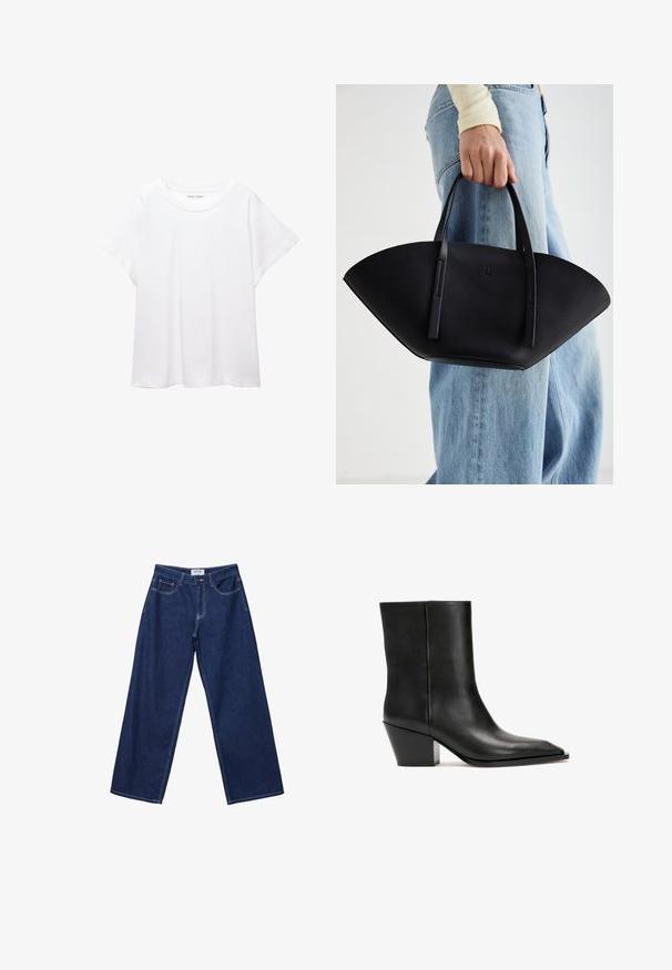 Biele tričko vyrobené z mäkkého, ľahkého materiálu. Má okrúhly výstrih a krátke, široké rukávy s uvoľneným strihom. Bez viditeľných vzorov.; Široké tmavomodré džínsy s gombíkovým zapínaním, piatimi vreckami a kontrastným bielym šitím. Tkanina má hladký, mierne textúrovaný povrch.; Čierne kožené členkové čižmy s hladkou textúrou, štvorcovou špičkou a geometricky tvarovaným, masívnym podpätkom. Elegantný dizajn bez viditeľných kovových prvkov alebo vzorov.; Čierna kožená kabelka s jedinečným tvarom ventilátora, so plochými držadlami. Povrch má štruktúru s brúseným efektom a minimalistic design.