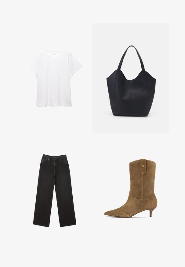 Biele tričko vyrobené z mäkkého, ľahkého materiálu. Má okrúhly výstrih a krátke, široké rukávy s uvoľneným strihom. Bez viditeľných vzorov.; Čierne široké džínsy vyrobené z denimu, s malými bodkovanými vzormi, klasickým dizajnom s piatimi vreckami a zapínaním na gombík a zips.; Hnedé semišové kotníkové čižmy s špičatou špičkou a nízkým podpätkom. Obsahuje dekoratívne šitie a pútko na zadnej strane pre jednoduché obúvanie.; Čierna taška s dlhým uchom vyrobená z hladkej kože, s oblým otvoreným vrchom a dvoma ramennými popruhmi, minimalistického dizajnu.