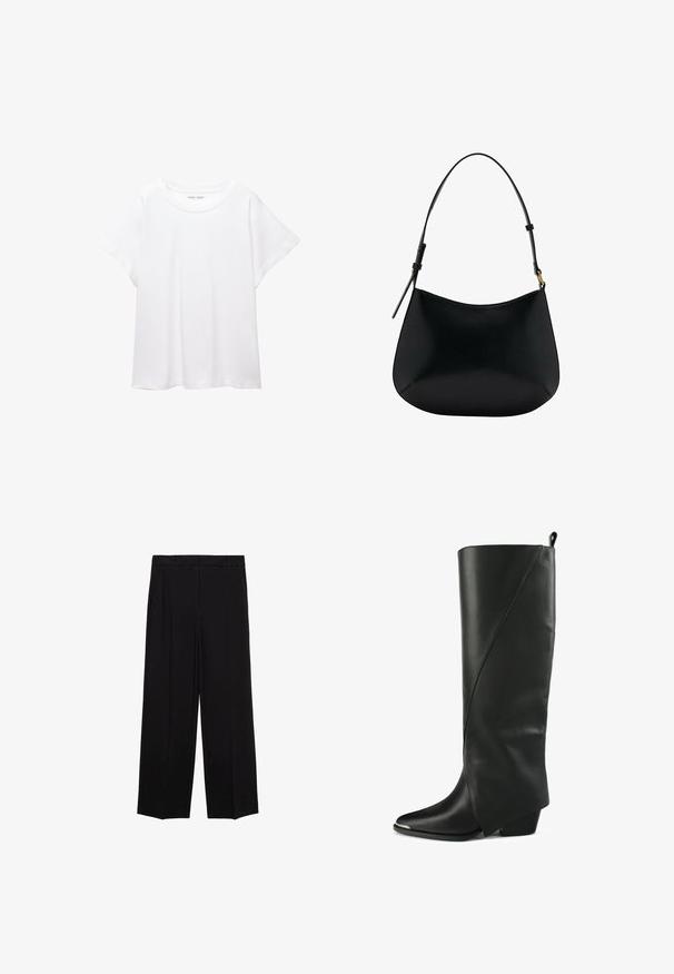 Bela majica s kratkimi rukavi, izdelana iz mehkega in lahkega blaga. Ima okroglo ovratnico ter kratke, široke rokave z udobnim krojem. Brez vidnih vzorcev.; Črne široke hlače iz gladkega materiala, z gubami spredaj in stranskimi žepi, zasnovane v ravnem, sproščenem kroju.; Črne usnjene škornje do kolen s koničastim nosom, angularno zasnovo, ukrivljenimi šivi in nizko blokasto peto.; Črna usnjena torba za ramo z gladko teksturo, ukrivljeno obliko in nastavljivim ročajem. Ima minimalno šivljenje in preprost dizajn.