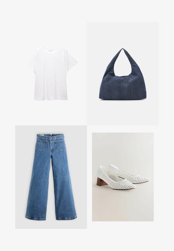 T-shirt bianco realizzato in un tessuto morbido e leggero. Presenta un collo rotondo e maniche corte e larghe con vestibilità morbida. Nessun motivo visibile.; Jeans blu a vita alta, larghi in fondo, con tasche a toppa frontali, passanti per cintura, chiusura con bottone e zip, su uno sfondo semplice.; Décolleté bianchi in tessuto intrecciato con punta affusolata e tacco in legno basso. La trama è a rete aperta, che mette in mostra motivi intricati.; Borsa in denim blu scuro con una forma morbida e flessibile, caratterizzata da un manico in stile hobo e una superficie testurizzata. Senza accenti hardware visibili.