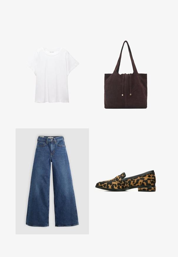 T-shirt blanc en tissu doux et léger. Il présente un col rond et des manches courtes et larges avec une coupe décontractée. Aucun motif visible.; Jean en denim bleu à jambes larges avec cinq poches, une fermeture à bouton et des coutures contrastées, offrant une finition douce et texturée.; Mocassins en imprimé léopard avec des bordures en cuir noir lisse ; talon plat ; matériau texturé et semblable à de la fourrure avec des taches ; silhouette arrondie élégante.; Mango Cabas - dark brown