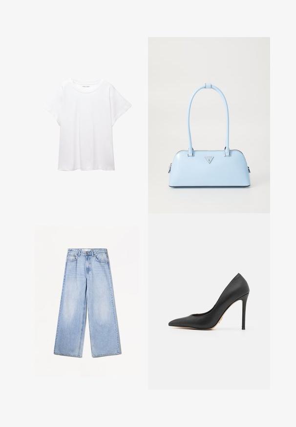 Fehér póló, puha, könnyű anyagból készült. Kerek nyakú, rövid, széles ujjaival és laza szabásával rendelkezik. Nincsenek látható minták.; Bershka WIDE-LEG - Széles szárú - light-blue denim; Fekete, sima bőrből készült magassarkú cipő, hegyes orral, karcsú stiletto sarkal és diszkrét arany díszítéssel a sarok közelében.; Világoskék kézitáska, amelynek strukturált formája van, sima bőrből készült, két füllel rendelkezik, és az elején egy háromszögletű márkatrófea található. Cipzáras záródás.