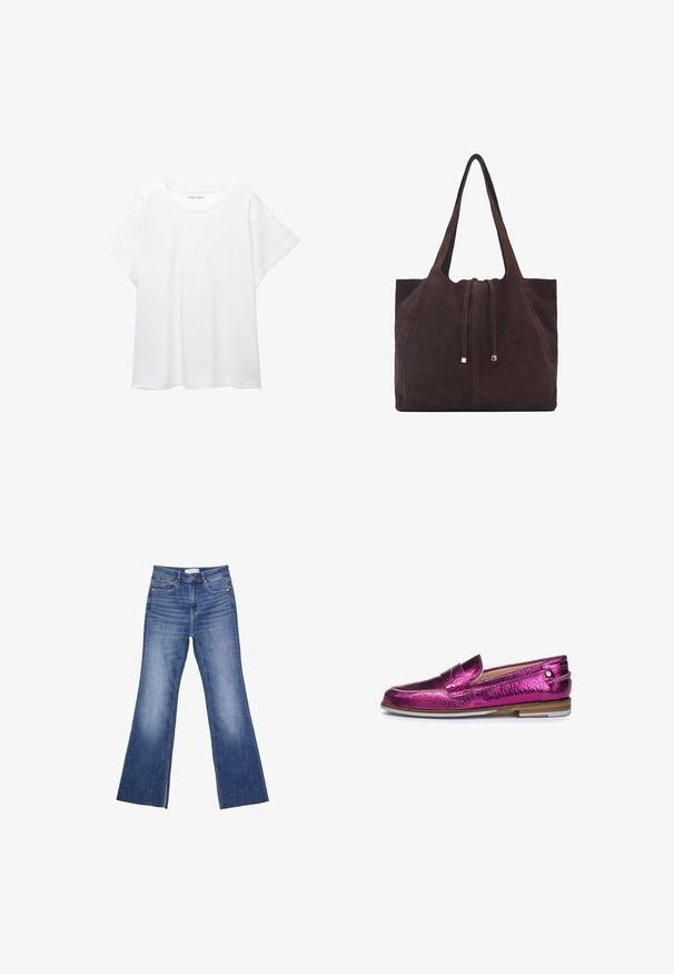 Valkoinen T-paita, joka on valmistettu pehmeästä ja kevyestä kankaasta. Omistaa pyöreän kaula-aukon ja lyhyet, leveät hihat rentoa istuvuutta varten. Ei näkyviä kuvioita.; Siniset farkut, joissa on korkea vyötärö, etutaskut ja lievä levennys alaosassa valkoista taustaa vasten.; Floris van Bommel CHIDI - Loaferit/pistokkaat - pink; Mango Shopping bag - dark brown